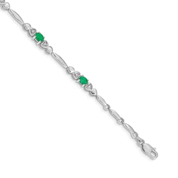 Rhodium Over 14k White Gold Diamond and Emerald Bracelet