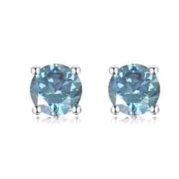 Blue Moissanite Sterling Silver Solitaire Minimalist Stud Earrings
