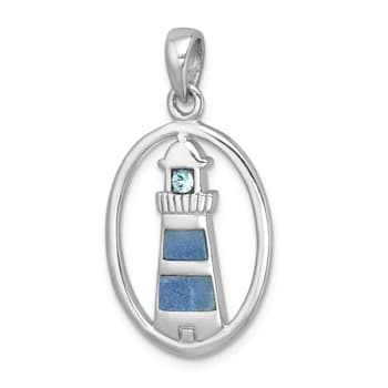 Rhodium Over Sterling Silver Oval Adventurine and Cubic Zirconia
Lighthouse Pendant