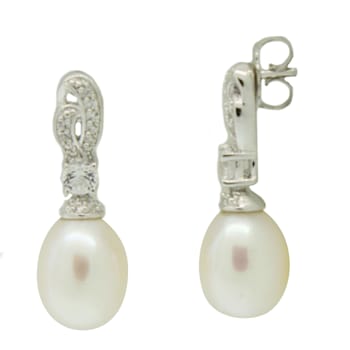 Oval Freshwater Pearl, Round White Cubic Zirconia Sterling Silver Drop Earrings