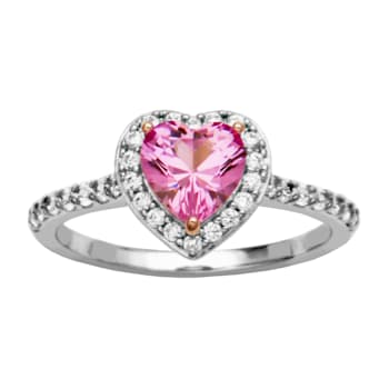Lab Created Pink Sapphire And White Cubic Zirconia Rhodium Over Sterling
Silver Heart Ring 1.50ctw