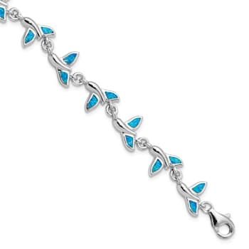 Rhodium Over Sterling Silver Lab Created Opal Whale Tail 7.75 Inch Bracelet