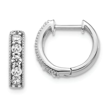 Rhodium Over 14K White Gold Lab Grown Diamond Milgrain Hinged Hoop Earrings