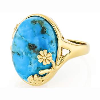 Turquoise Oval Ring With Flower Detail In 18K Gold Over Sterling Silver 18x13mm