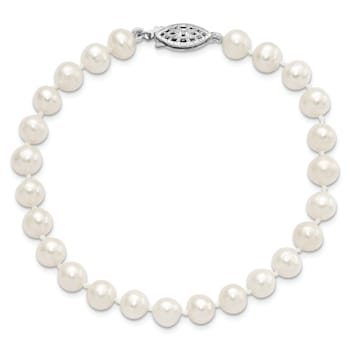 Rhodium Over Sterling Silver 6-7mm White Freshwater Cultured Pearl Bracelet