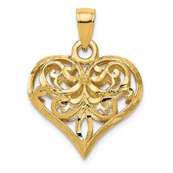 14k Yellow Gold 3D Polished and Diamond-cut Filigree Puffed Heart Pendant