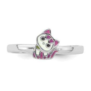 Rhodium Over Sterling Silver Multi-color Enameled Cat Children's Ring