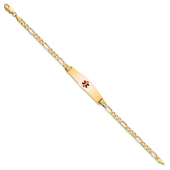 14k Yellow Gold Medical Soft Diamond Shape Red Enamel Flat Figaro Link
ID Bracelet
