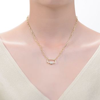 Pave CZ Paperclip Link Charm Necklace In 14K Gold Over Brass 16 Inch