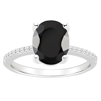 10x8mm Oval Black Onyx and 1/10 ctw Diamond Rhodium Over Sterling Silver Ring