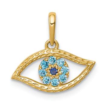 14k Yellow Gold Textured Blue Cubic Zirconia Eye Pendant