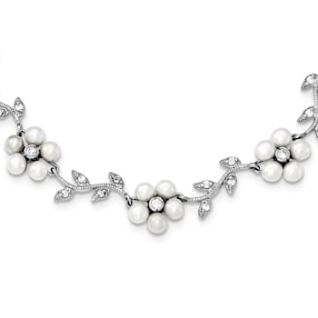 Rhodium Over Sterling Silver FW Cultured Pearl and Cubic Zirconia Floral Necklace