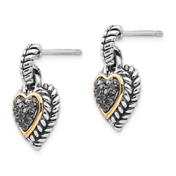 Sterling Silver Antiqued with 14K Accent Black Diamond Heart Earrings