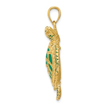 14k Yellow Gold Textured 3D Green Enameled Sea Turtle Pendant