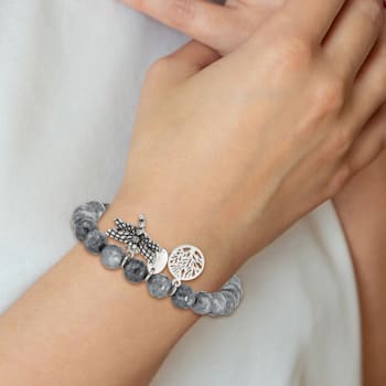 Stainless Steel Antiqued and Polished Dragonfly Grey Dyed Jade Bracelet