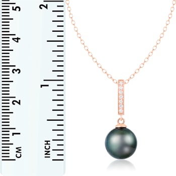 Black Cultured Tahitian Pearl and Diamond 14k Rose Gold Pendant 10-11mm