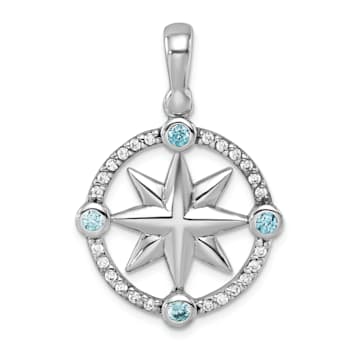 Rhodium Over Sterling Silver Polished Cubic Zirconia Compass Pendant