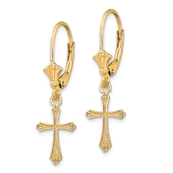 14k Yellow Gold Textured Cross Dangle Earrings