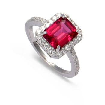 Red Lab Created Ruby With Moissanite Accents Rhodium Over Sterling
Silver Ring