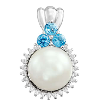 10mm Round White Freshwater Pearl with Blue and White Topaz Sterling
Silver Halo Pendant with Chain