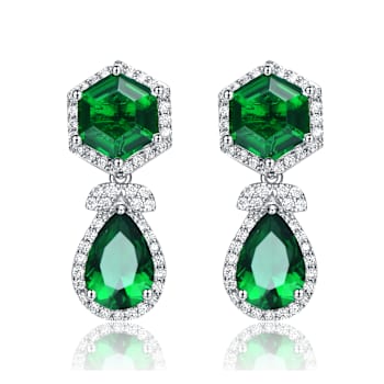 Emerald Color CZ Halo Drop Earrings In Sterling Silver