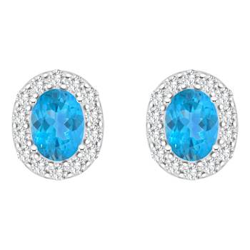 8x6mm Oval Swiss Blue Topaz And White Topaz Accent Rhodium Over Sterling
Silver Halo Stud Earrings