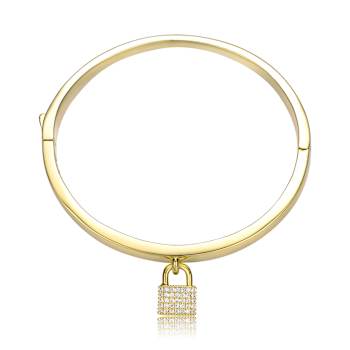 CZ Pave Padlock Charm Stacking Bangle Bracelet In 14K Gold Over Brass