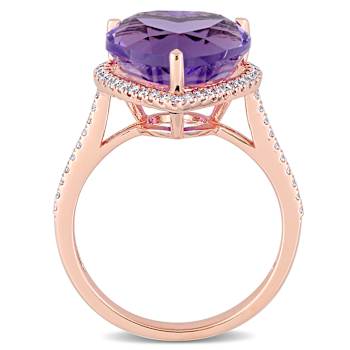 Amethyst and Diamond 14K Rose Gold Halo Ring 6.78ctw