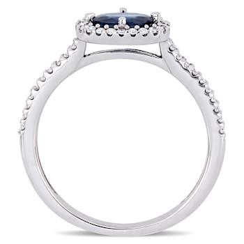 Blue Sapphire and Diamond 14K White Gold Halo Ring 0.78ctw