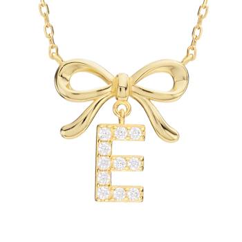 Initial E Bow CZ Necklace In 14K Gold Over Sterling Silver 0.23ctw