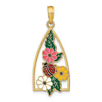 14k Yellow Gold Enameled Ladybug and Flowers Triangle Pendant