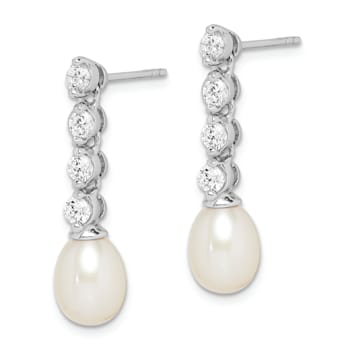 Rhodium Over Sterling Silver 7-8mm White Rice Freshwater Cultured Pearl
Cubic Zirconia Earrings