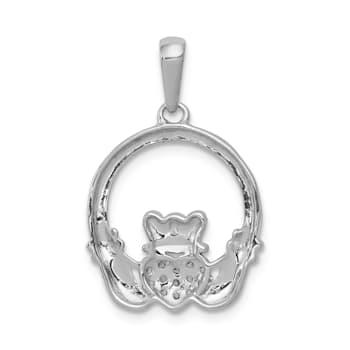 Rhodium Over 14k White Gold Diamond Claddagh Circle Pendant