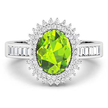 14K White Gold Green Peridot and White Diamond Oval Halo Ring 2.12ctw