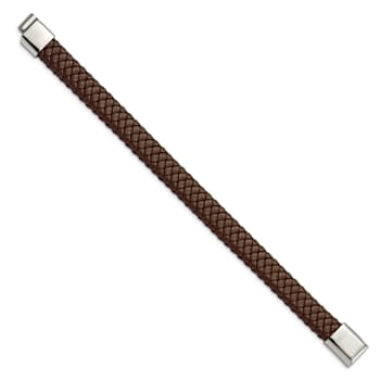 Braided Brown Leather and Stainless Steel Polished 8.5-inch Bracelet