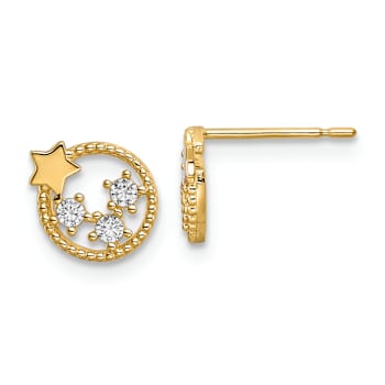 14k Yellow Gold Textured Cubic Zirconia Stars Stud Earrings