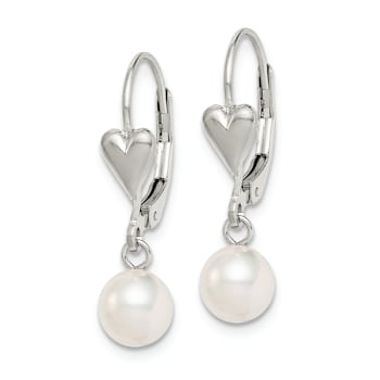 Rhodium Over Sterling Silver 6-7mm Freshwater Cultured Pearl Heart
Leverback Dangle Earrings