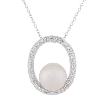 10-11mm Button White Cultured Freshwater Pearl and CZ Rhodium Over
Sterling Silver Pendant