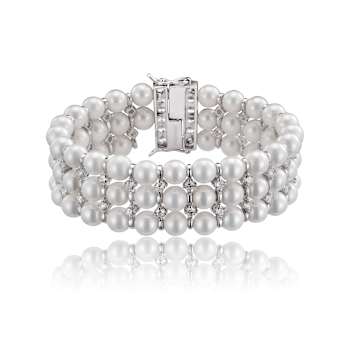 Triple-Strand Pearl And CZ Bracelet In Sterling Silver