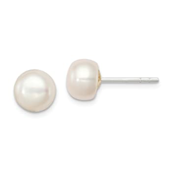 Sterling Silver White Freshwater Cultured Pearl 7-7.5mm Button Earrings