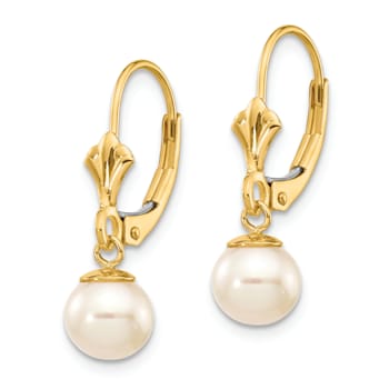 14K Yellow Gold 6-7mm White Round Freshwater Cultured Pearl Leverback Earrings