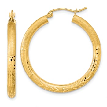 14k Yellow Gold Polished Satin and Diamond-cut 1 1/4" Hoop Earrings
