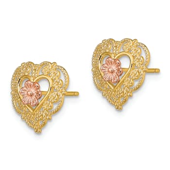 14K Yellow Gold and 14K Rose Gold Textured Lace Trim and Flower Heart
Stud Earrings