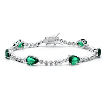 Emerald Color CZ And White CZ Pear Shape Tennis Bracelet In White
Rhodium Over Brass 4.26ctw