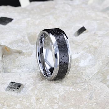 KILAUEA Men’s Polished Tungsten Wedding Band with Lava Rock Stone Inlay
w/Polished Beveled Edges 8mm