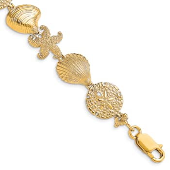 14k Yellow Gold Textured Starfish, Shell and Clam Link Bracelet