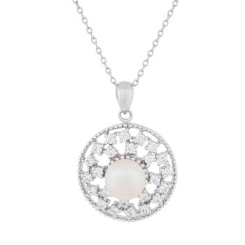 8-9mm Button White Cultured Freshwater Pearl and CZ Rhodium Over
Sterling Silver Pendant