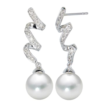 14KW Dangling Earrings 0.10 ctw Diamond 9.5mm Cultured Pearl