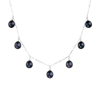 7-8mm Black Cultured Freshwater Pearl Rhodium Over Sterling Silver Necklace