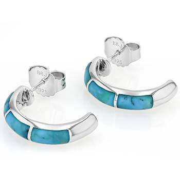 Turquoise Three-Stone Inlay Hoop Earrings In Sterling Silver